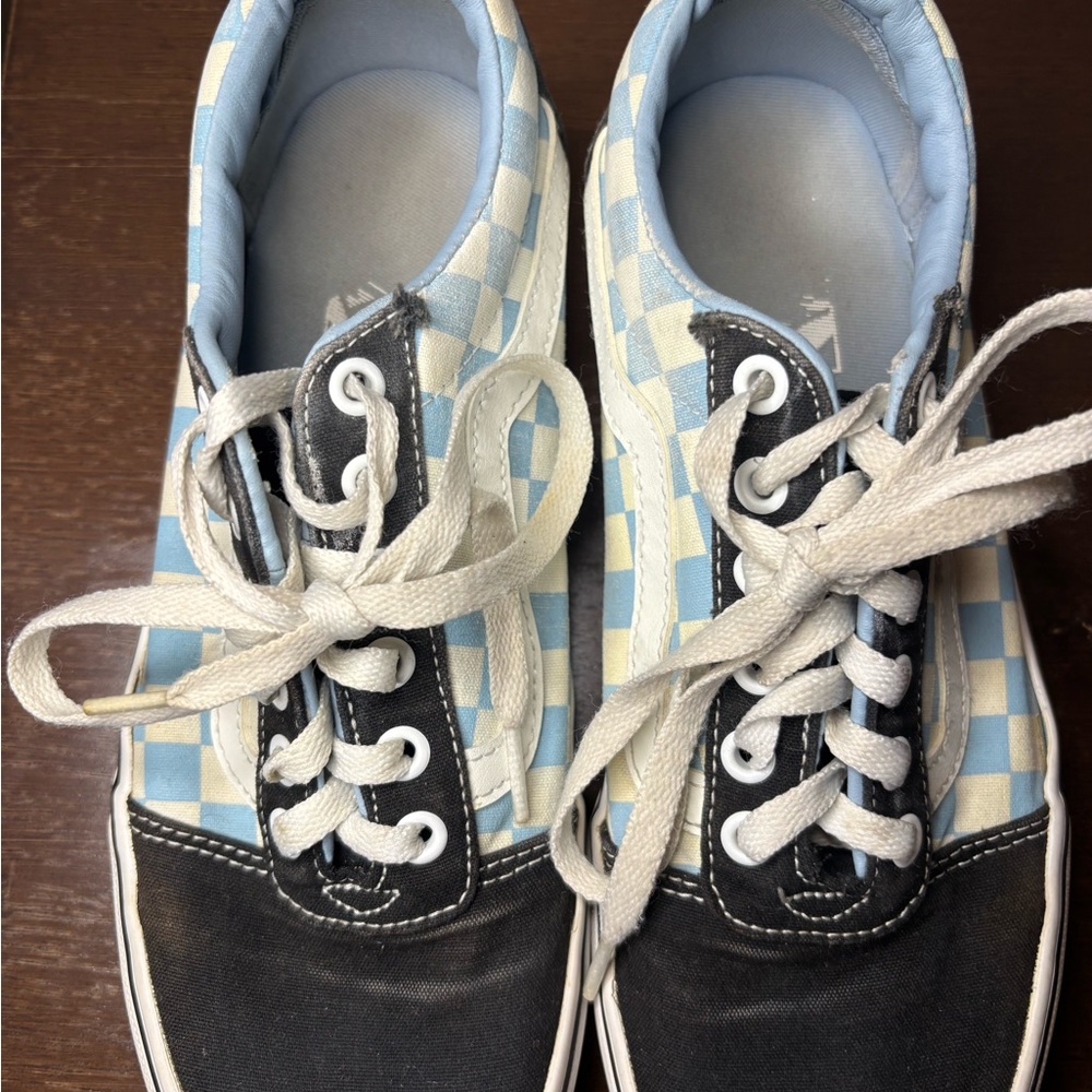 Vans Women's Checkered Sneakers - Light Blue and White Squares with Black Size 9 - Picture 2 of 9
